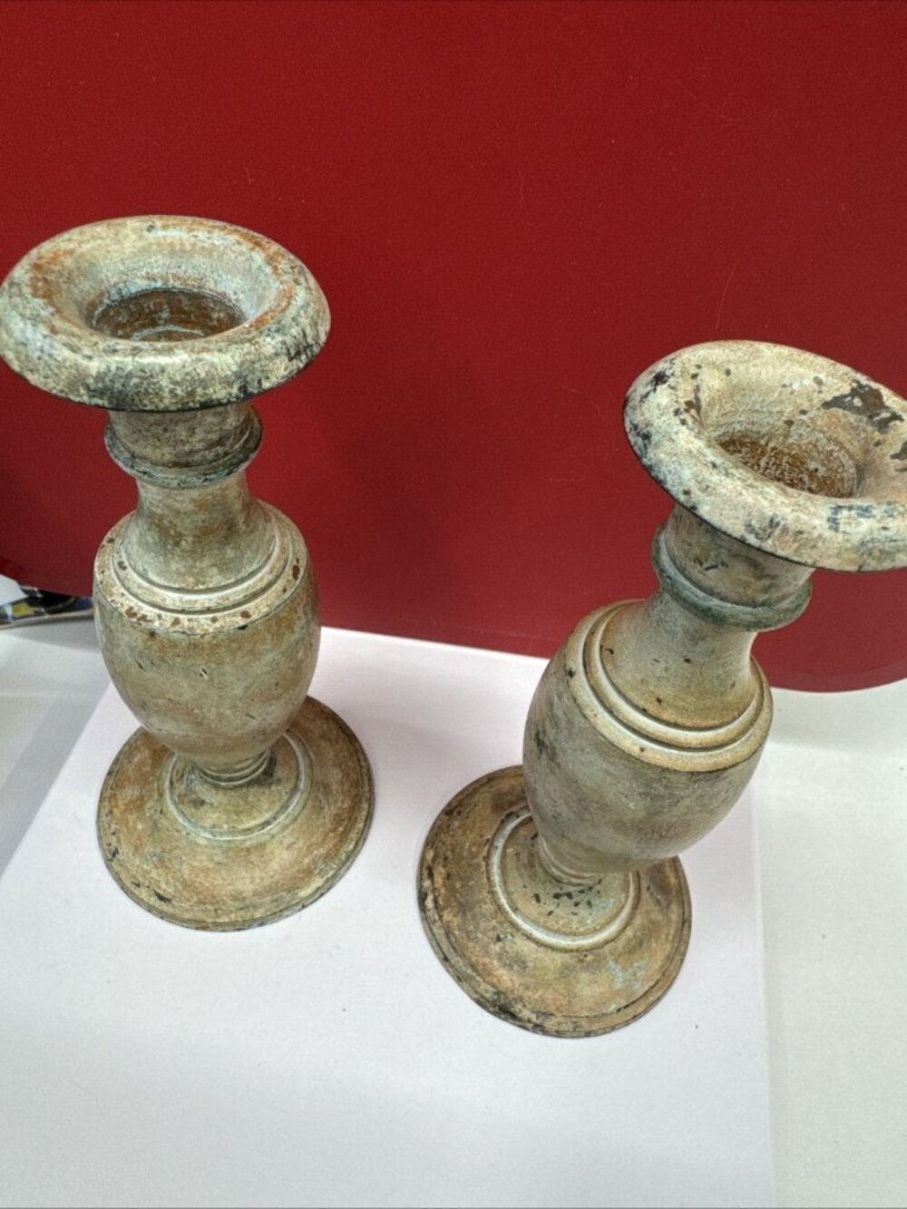 Vtg Rare Pair of Solid Bronze Candle Sticks Holders Gray Green Orange 6”x3” - Picture 2 of 10